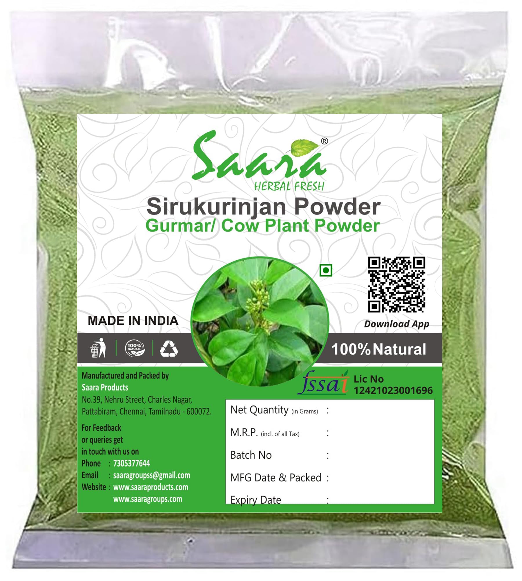 SAARA Sirukurinjan Powder 100g |Gymnema Sylvestre | Podapatri | Madhunashini, Used for diabetes, weight loss, and cough (Pack of 1 x 100g)