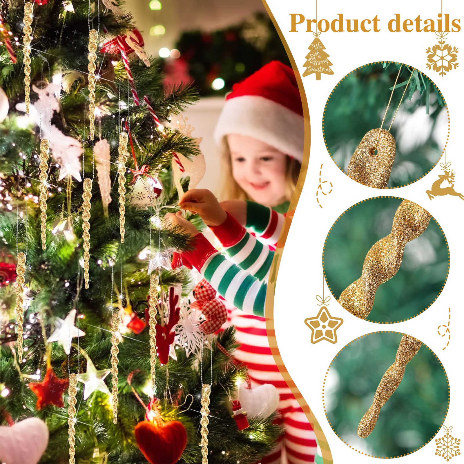 50 Pièces Glaçon en Plastique de Noël Glaçon en Plastique Torsadé Ornements de Glaçon de Noël Décor de Sapin de Noël et Suspension de Noël Vacances Mariage (Or, 7,8 Pouces)