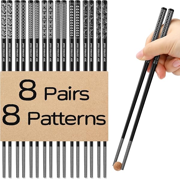 8 Pairs Metal Chopsticks Reusable 18/8 Stainless Steel Chopsticks Set Cute Laser Engraved Non-slip Japanese Korean Chine