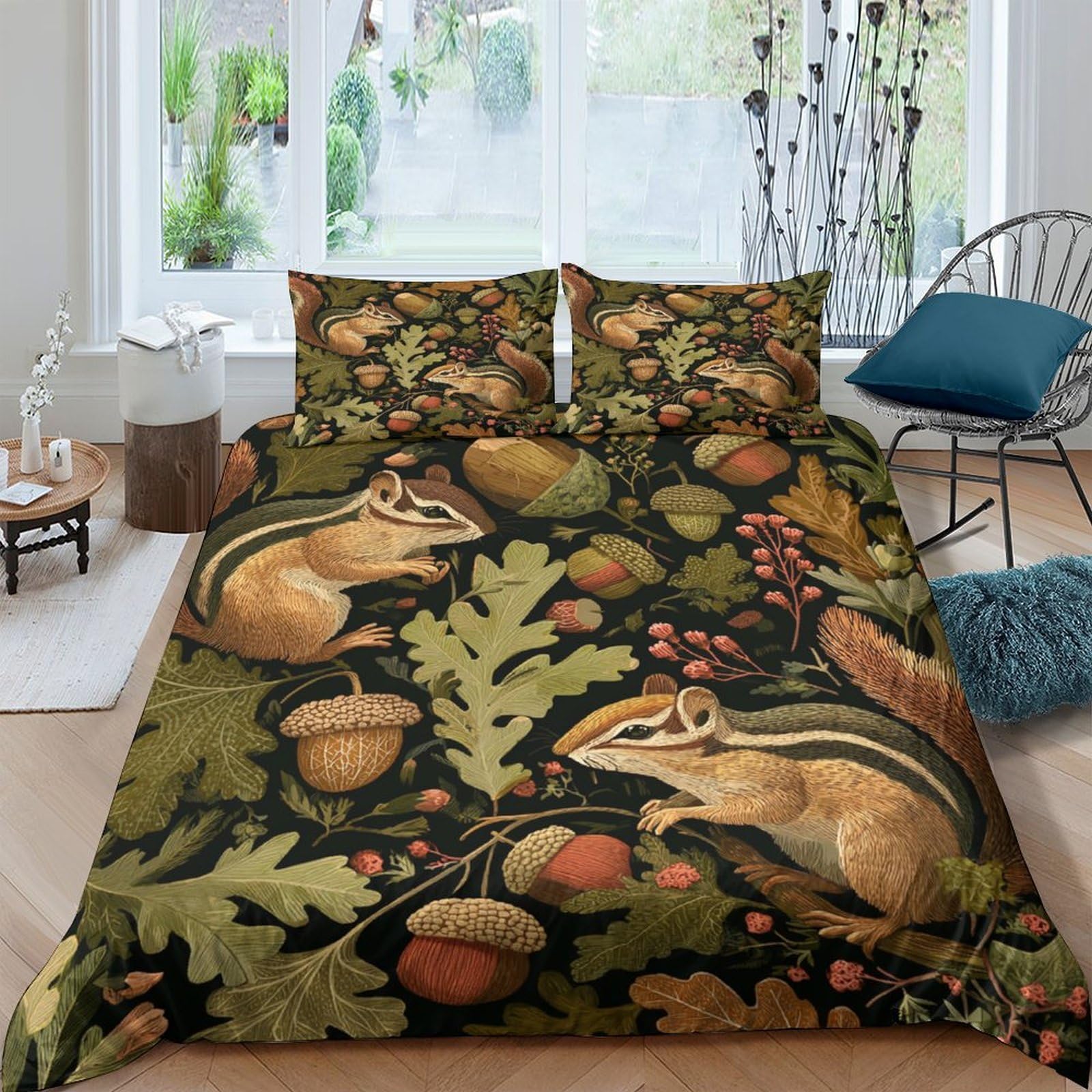 Ctjqhvkz Style-9 3D Printed Forest Chipmunk Fitted Sheet Microfiber Soft Acorn Leaves Bed Cover For Bedroom Guestroom Mattress Protection Single（135X200cm）