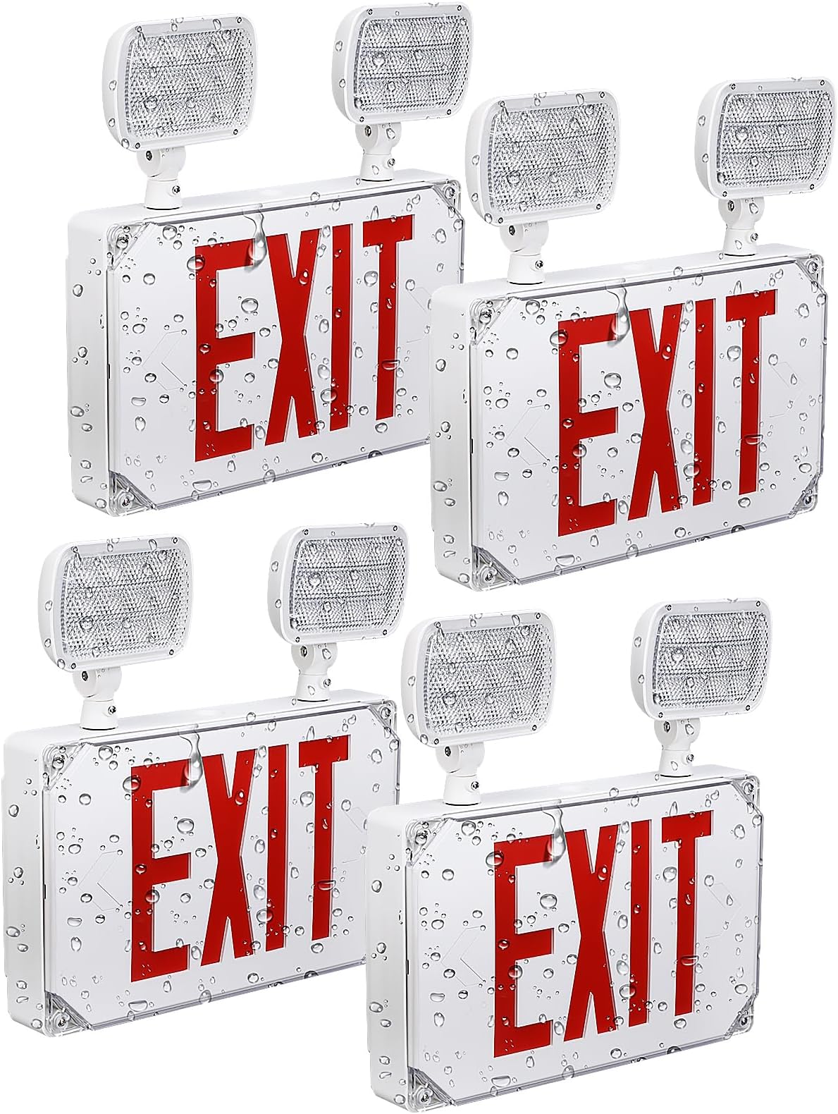 LEONLITE LED Exit Light, Wet Location Exit Sign with Emergency Lights, UL Listed, Outdoor Hardwired Red Letter Exit Sign with Battery Backup, 2 Dual Heads, Double Face, AC 120/277V, White, Pack of 4