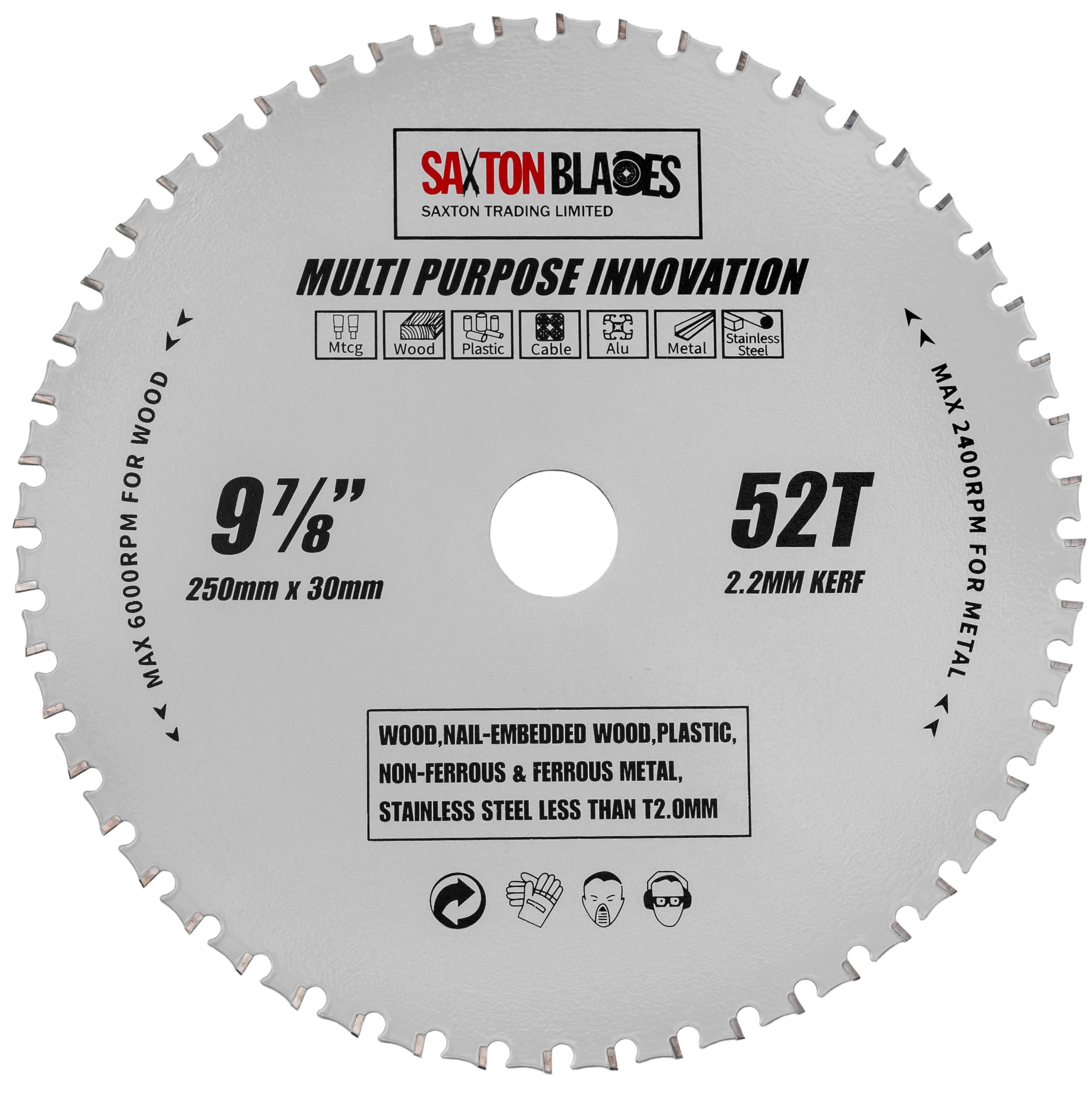 Saxton TCT25052TMPT Lama per sega circolare multiuso TCT, 250 mm x 52 denti, per legno e metallo, compatibile con Bosch, DeWalt, Ryobi, Makita, ecc