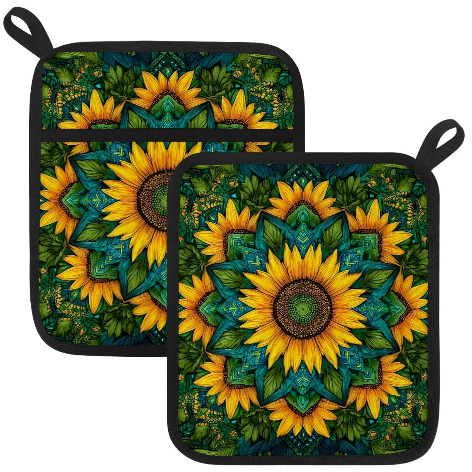 VAPOKF Sunflowers Florals Heat Resistant Pot Holders, Thick Pot Holders Pad with Hanging Loop for Kitchen, Oven Cloth Pads for Kitchen Baking Microwave Oven