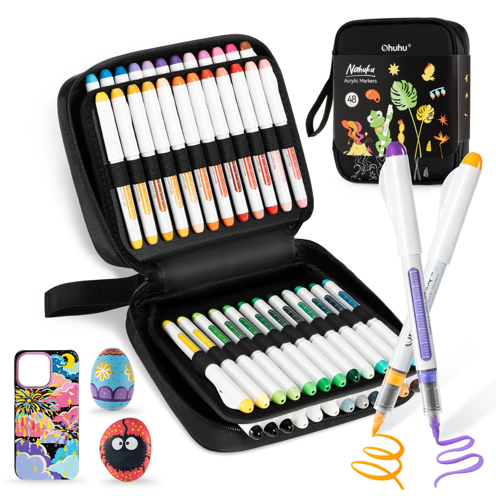 Ohuhu Acrylic Markers Brush Tip: 24/48 Colors 1-5MM Direct Liquid Acrylic Marker High Opacity Waterproof Lightfast for Rock Painting Wood Glass Ceramic Canvas - Nahuku Series (48 Pack)