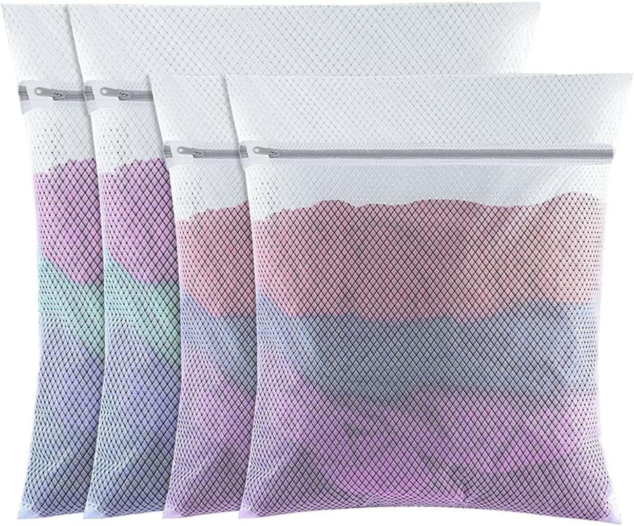 BLANSCHIP 4 Pcs Mesh Laundry Wash Bag, Large 60x50cm & Medium 50x40cm, Fine Mesh with Zipper, Reusable Washing Machine Bag for Clothes, Socks, Underwear, Bra (White)(4 pack (2L+2M))
