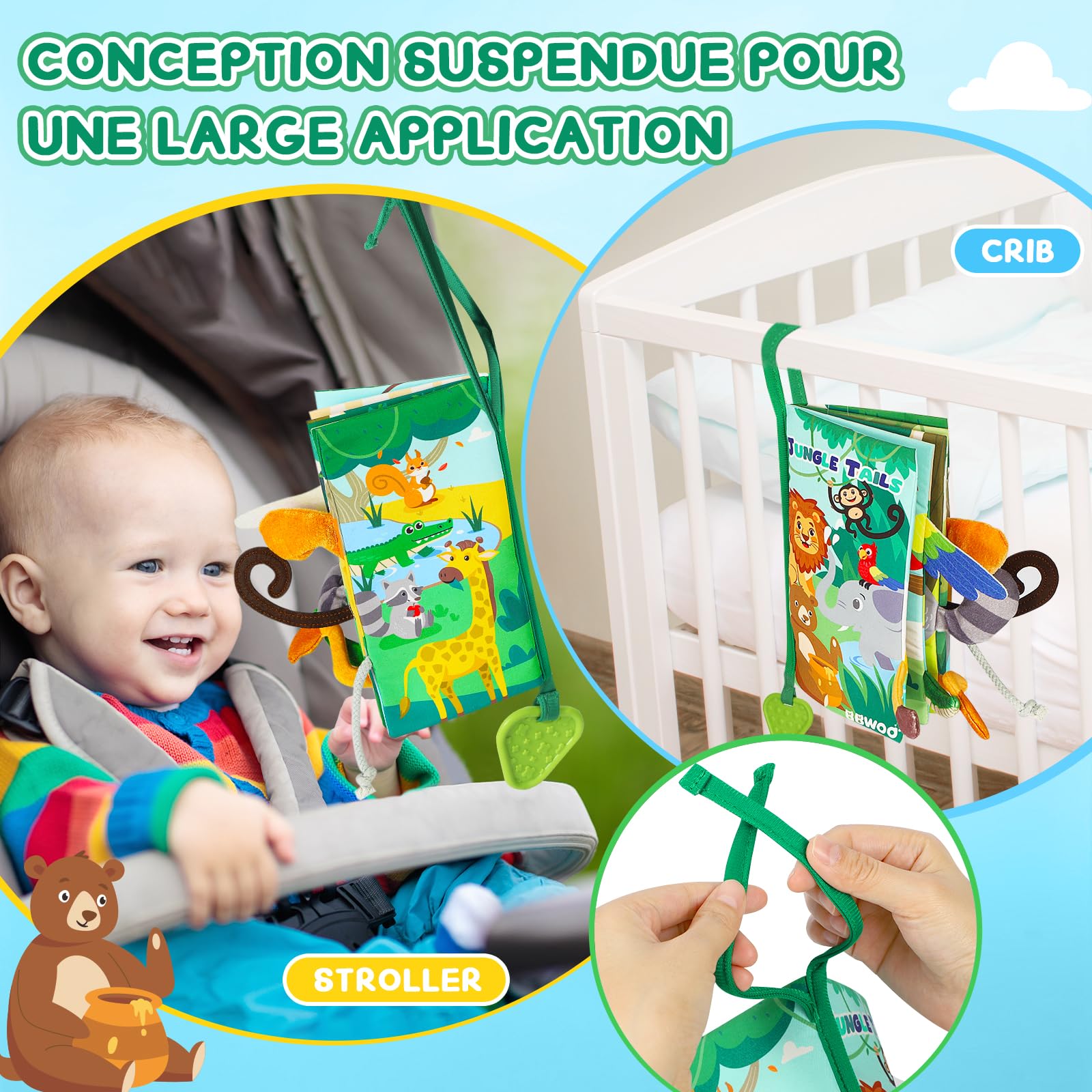 BBWOO Livre bébé 0-12 Mois, Livre bébé en Tissu Montessori aux Animaux 3D avec Anneau Dentition, Jouet bébé et Jeux pour l’éveil sensoriel et Le Tummy Time, Lavable, Un Cadeau bébé idéal