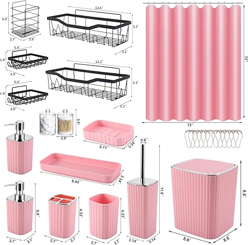 Miniatura 2 de Juego de baño de 28 piezas - Precioso juego de baño rosa, juego de accesorios de baño, juego de cortina de ducha rosa con 5 organizadores de ducha