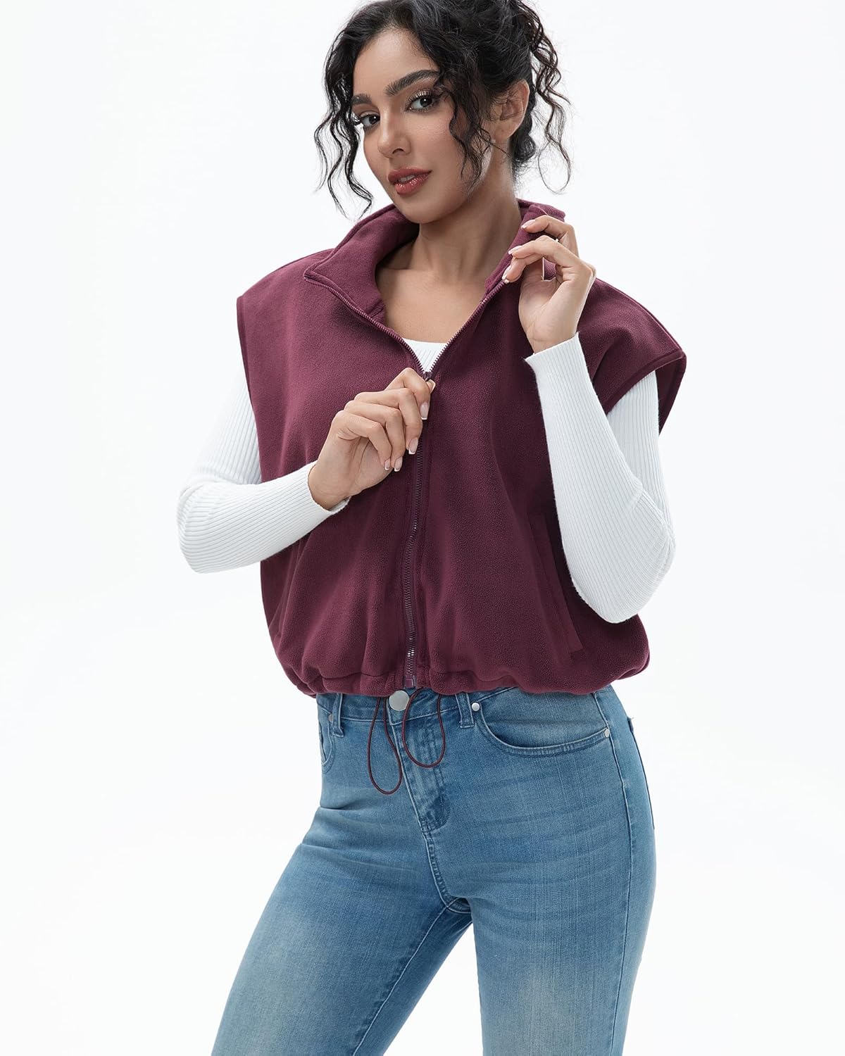 Women's Full Zip Fleece Short Vest Warm Winter Sleeveless Stand Collar Sherpa Crop Coat - Image 2