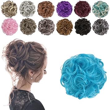 ELAINE Hair Buns Hair Piece Messy Tousled Wavy Curly Scrunchies Wrap Ponytail Extensions with Elastic Rubber Band Synthetic Donut Updo Hairpieces for Women Girls (#Turquoise)