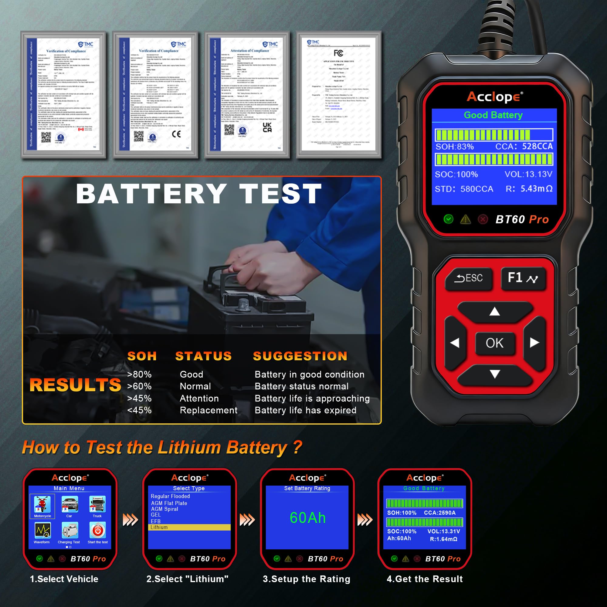 BT60 Pro Tester Digitale per Batterie Auto, CCA 100-3000, Analizzatore 6V 12V 24V, Sistema di Diagnostica Alternatore per Auto, Moto, Camion, Compatibile con AGM, Litio, Gel