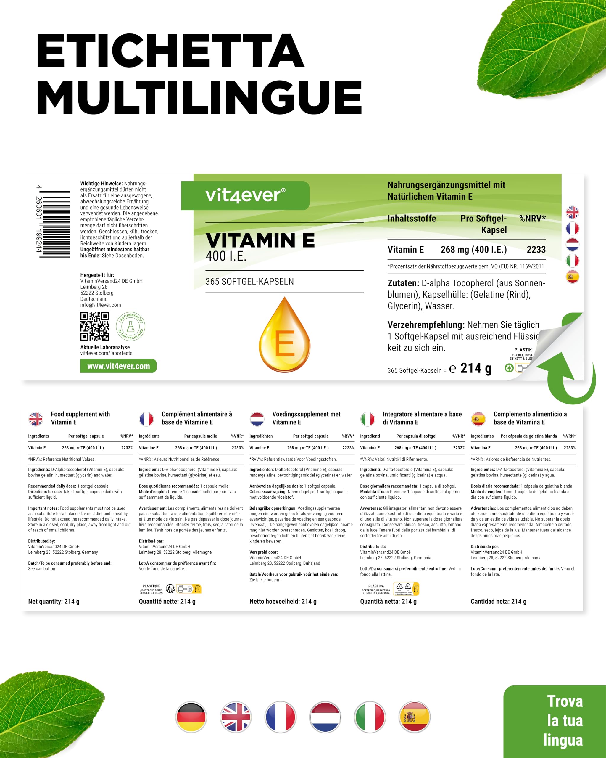 Vitamina E 400 U.I. naturale - 365 capsule softgel - Premium: Vitamina E naturale dai girasoli - Scorta per 12 mesi - Altamente dosata