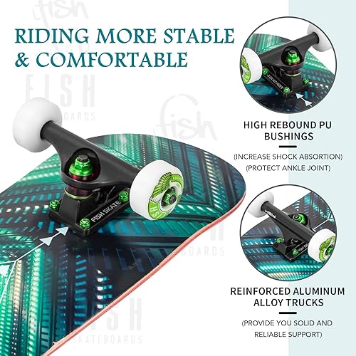 Miniatura 4 de Patineta estándar, patineta completa de 31 x 8 pulgadas, 7 capas de arce canadiense de doble patada cóncava de crucero para niños, niñas, jóvenes