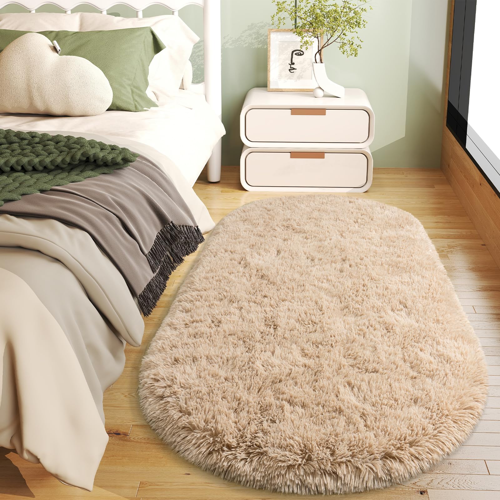 Lot de 2 tapis doux et moelleux pour chambre à coucher, tapis de chevet ovale à poils longs, antidérapants et confortables, pour chambre d'enfant, dortoir, salon, 0,8 x 1,6 m