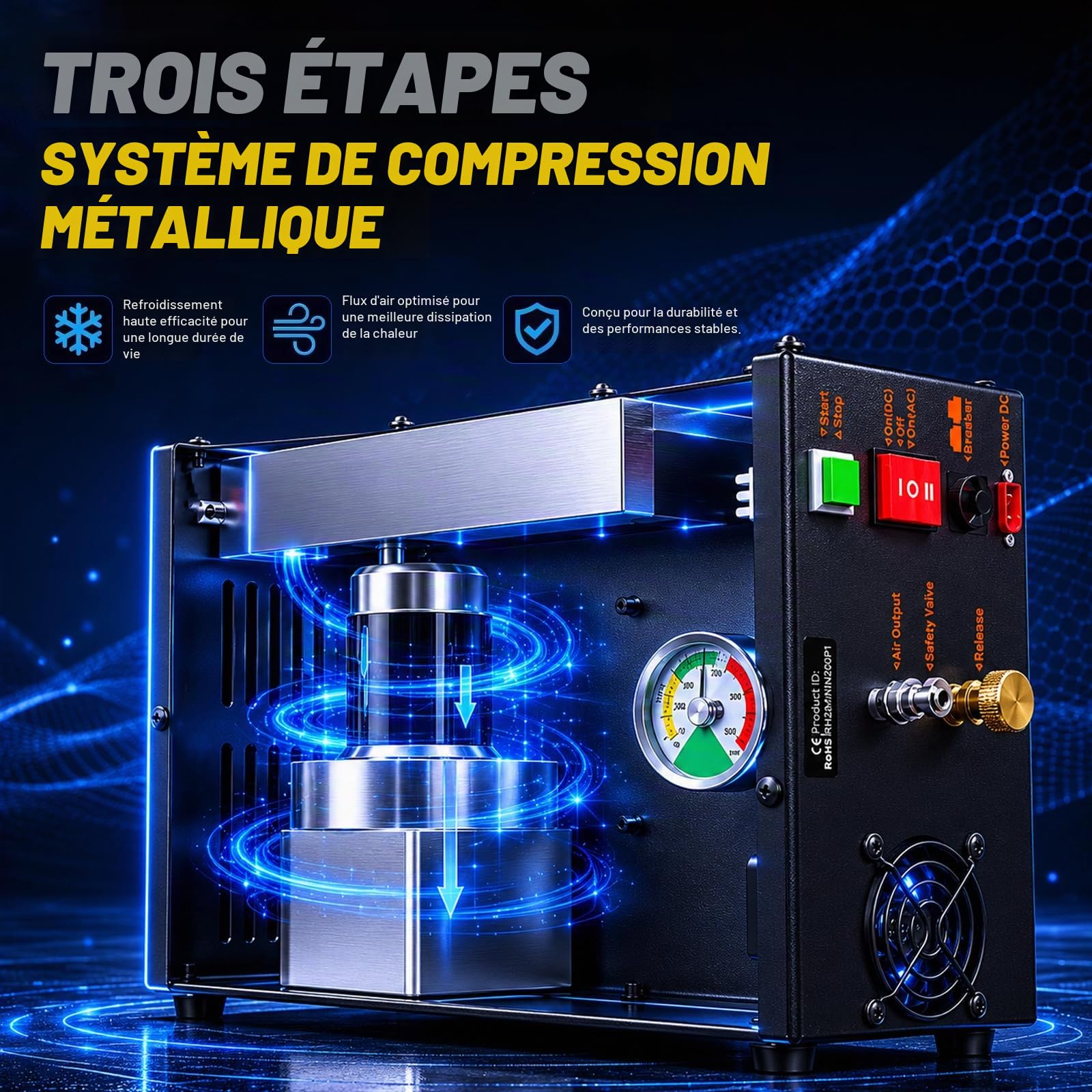 SMACO Compresseur de plongée PCP haute pression 4500 PSI / 300 bar Compresseur d'air portable pour bouteilles de plongée paintball, fusils à air PCP, arrêt automatique, double alimentation (12 V CC