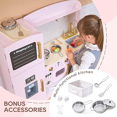 Miniatura 4 de Juego de cocina para niños, juego de cocina de madera para niños con luces y sonidos reales, cocina de juguete interactiva con cajas de fieltro para