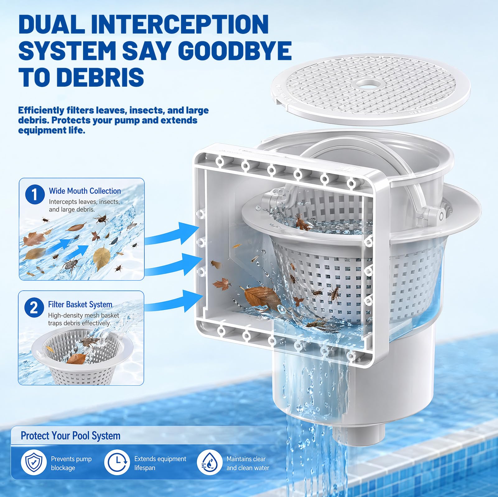 Kit skimmer encastrable 8 pièces pour piscines à paroi en acier, buse d'admission, grand panier skimmer, raccord de tuyau 32/38 mm, blanc, nettoyage et entretien de l'eau