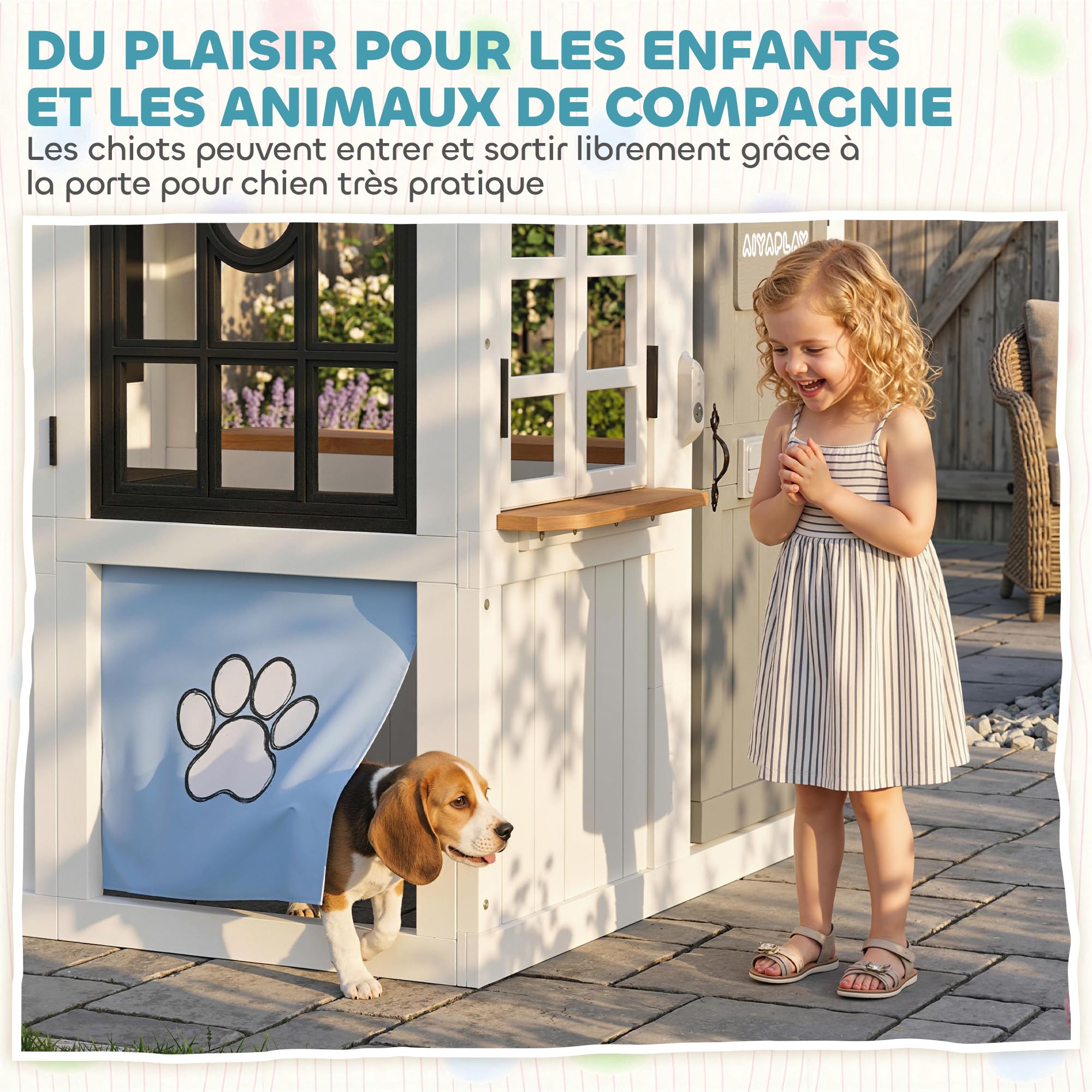 AIYAPLAY Casita infantil exterior madera 136x117x153.5 cm blanco con gatera cocina pizarra banco timbre