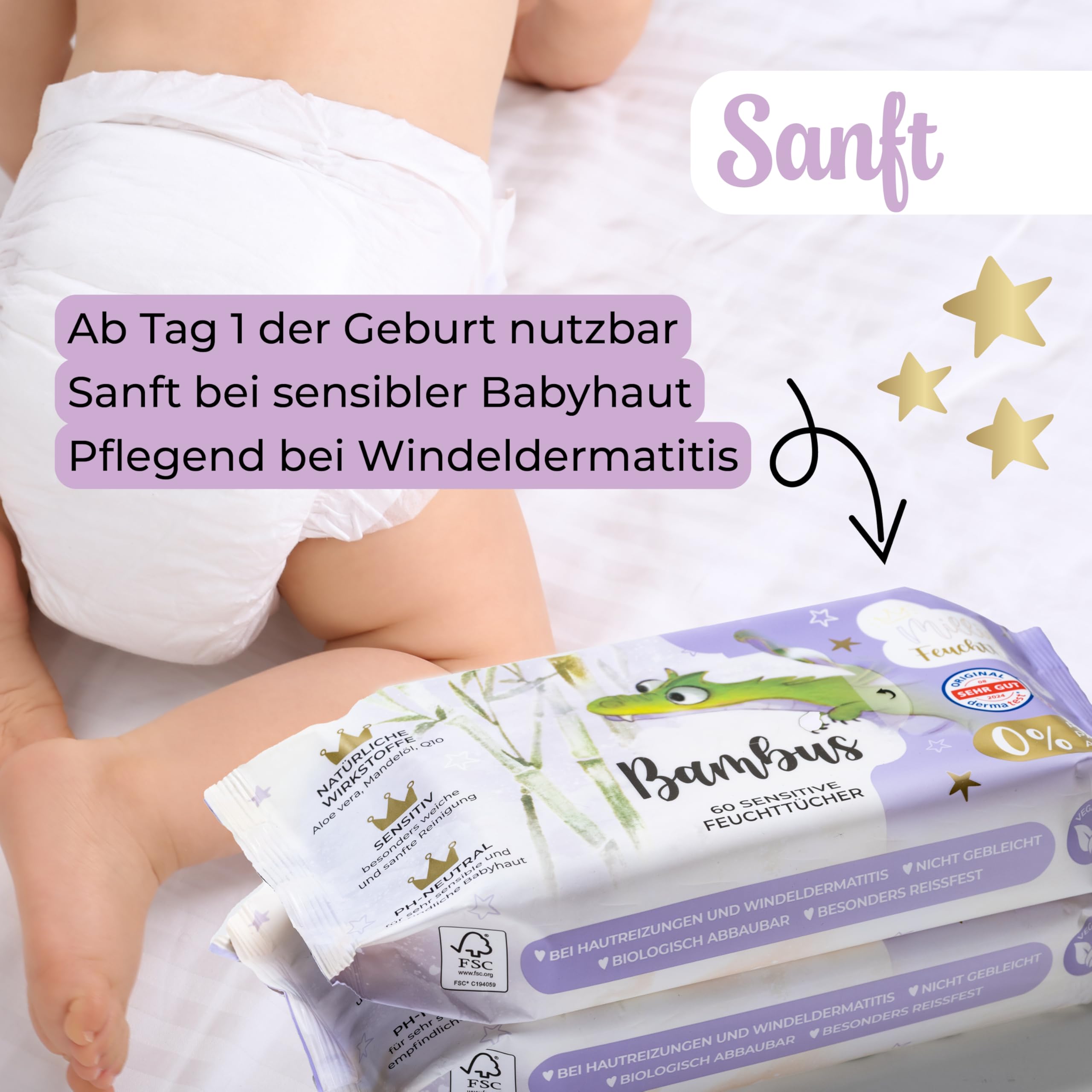 Millis Toallitas húmedas de bambú – 12 x 60 unidades – Limpieza natural suave para la piel sensible del bebé – Biodegradables, pH neutro, sin plástico, perfume y alcohol, clínicamente probado