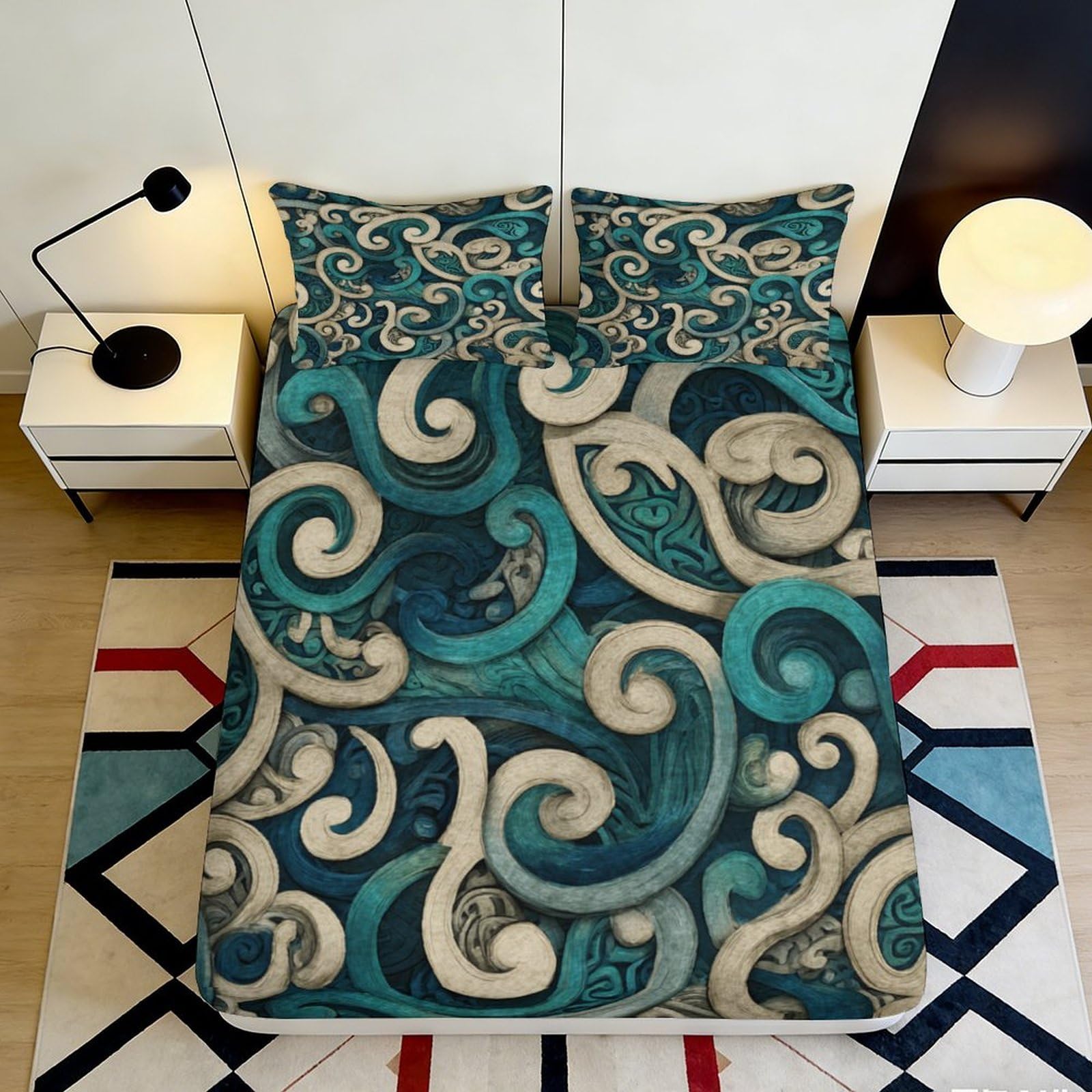 3D Printed Ocean Swirl Fitted Sheet Microfiber Soft Breathable Abstract Wave Mattress Cover for Bedroom Guest Room Decor 90x200x25cm