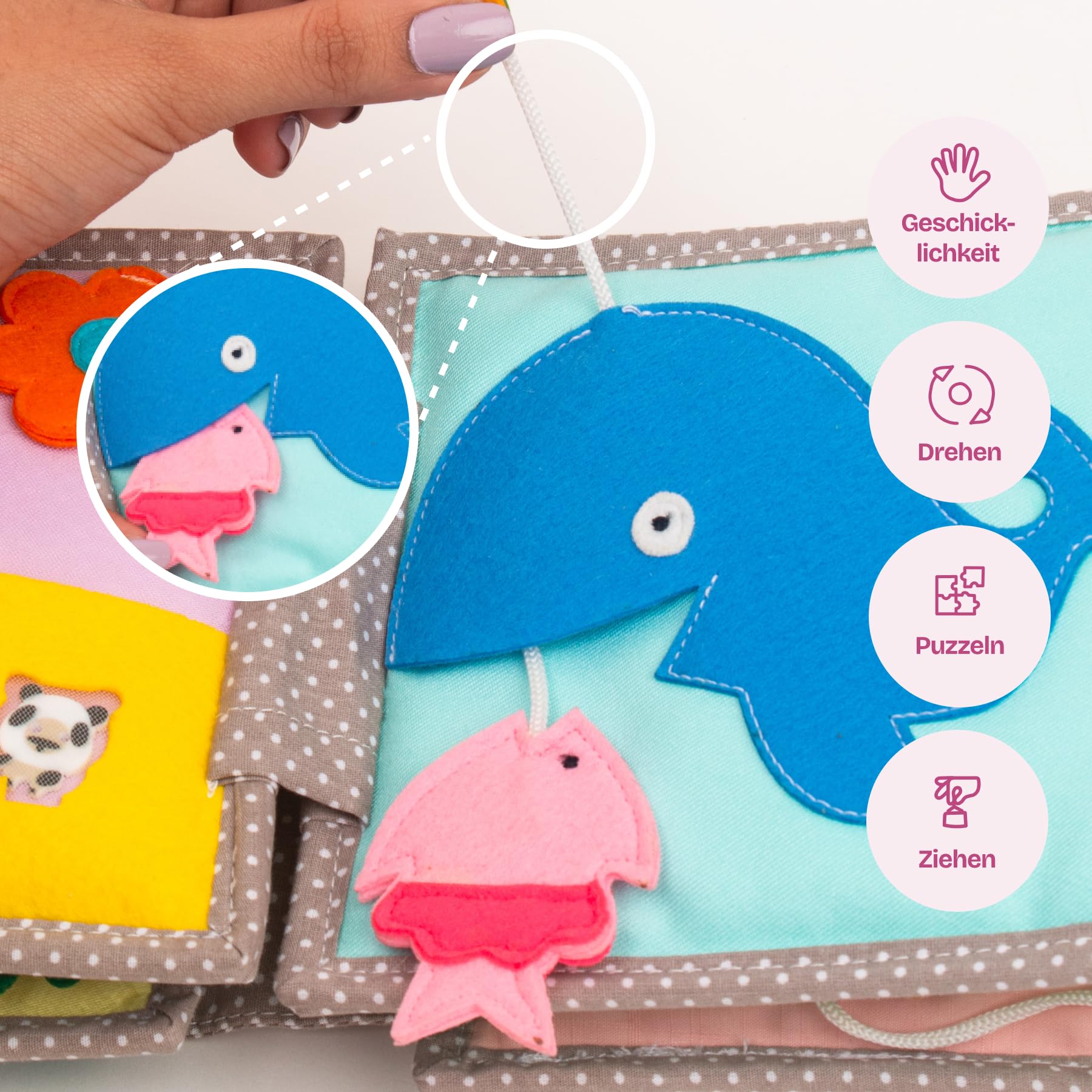 Jolly Designs Mini Quiet Book Dösender Leone - Montessori Giocattoli a partire da 1 anno - Libro in stoffa & Busy Book senza parti allentate - Giocattolo educativo in feltro - Libro motore per neonati