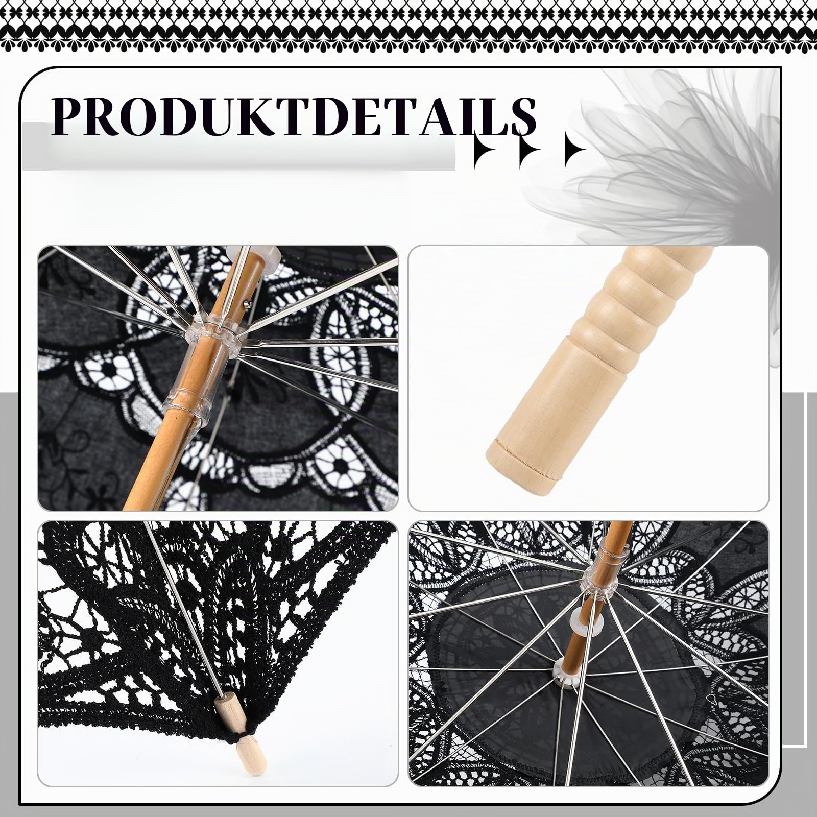 Paterr 3 Stück Vintage Spitze Sonnenschirm Gothic Schwarz Spitze Hand Faltbarer Fan Handschuh Lolita Regenschirm für Halloween Hexe Hochzeit Braut Cosplay Fotoshooting Lady Kostüm Requisiten 1920er