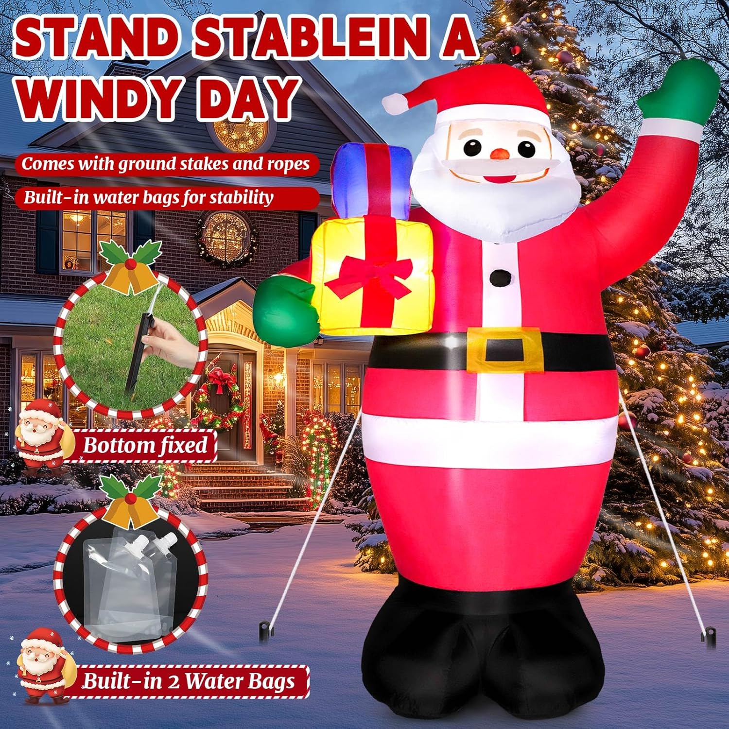 6 FT Christmas Inflatable Santa Claus with Built-in LEDs, Outdoor Decorations, Blow Up Santa Claus with Gifts Bag, Giant Santa, Xmas Outside Decor for Holiday, Garden, Lawn