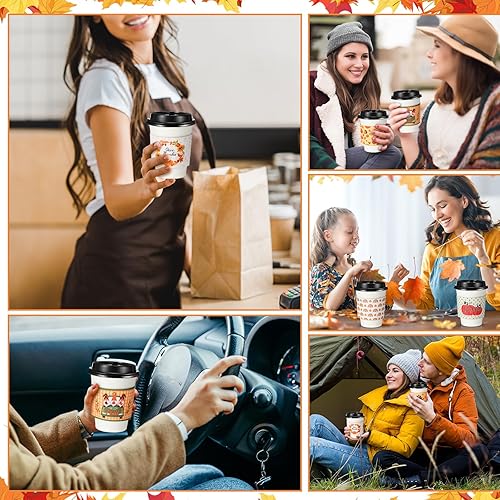 Miniatura 6 de Meanplan Tazas de café desechables de Navidad de 12 onzas con tapas, popotes y fundas de papel de Navidad, tazas de papel de café con tapas planas