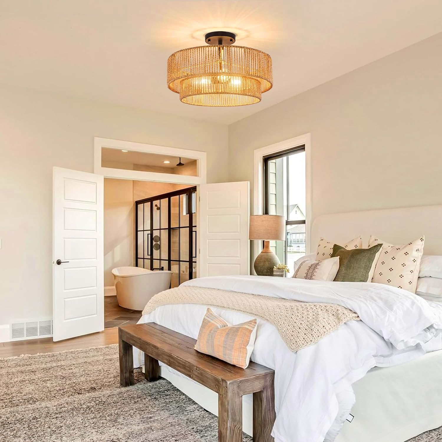 rattan flush mount ceiling light fixture 15.8",boho chandelier light fixture hand woven wicker ceiling light fixtures flush mount for hallway bedroom kitchen entryway living room island-3 light