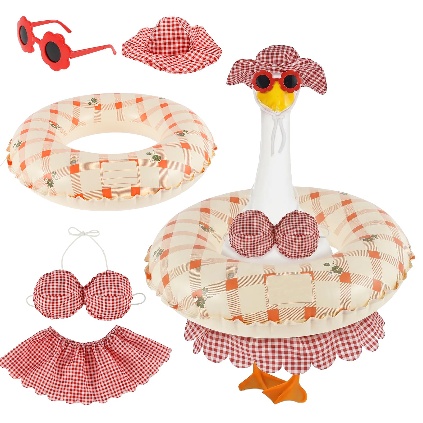 Kuanght Hawaiian Porch Goose Outfit, Summer Porch Goose Costume with Hat, Bikini, Swim Ring and Sunglasses, 23inch Creative Geese Statue Outdoor for Garden, Lawn, Patio and Yard Decor(Red Plaid)
