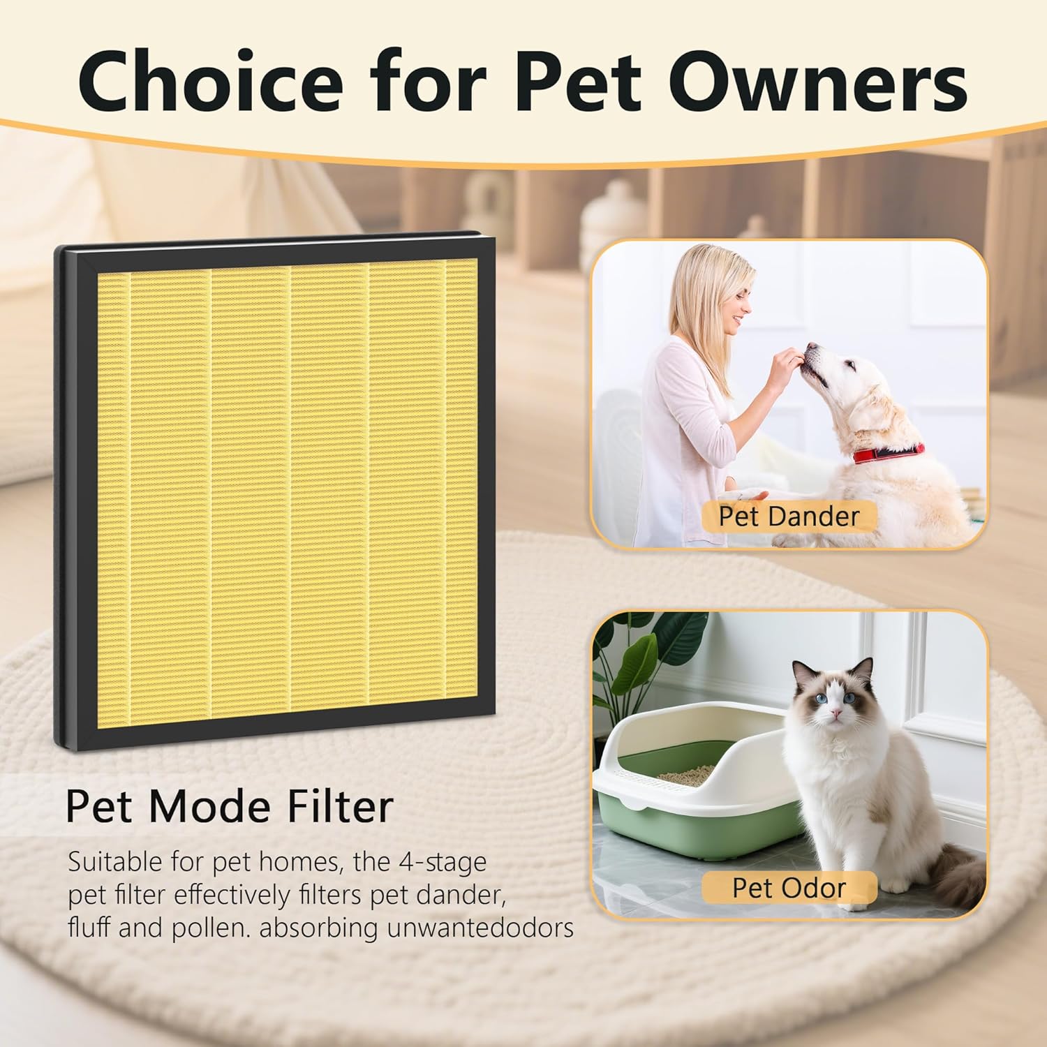 2 Packs PR1 Pet Mode Replacement Filter Compatible with MOOKA PR1 Air Purifier for Home Large Room up to 2200sq.ft, Absorb Pet Dander, Fur and Smoke