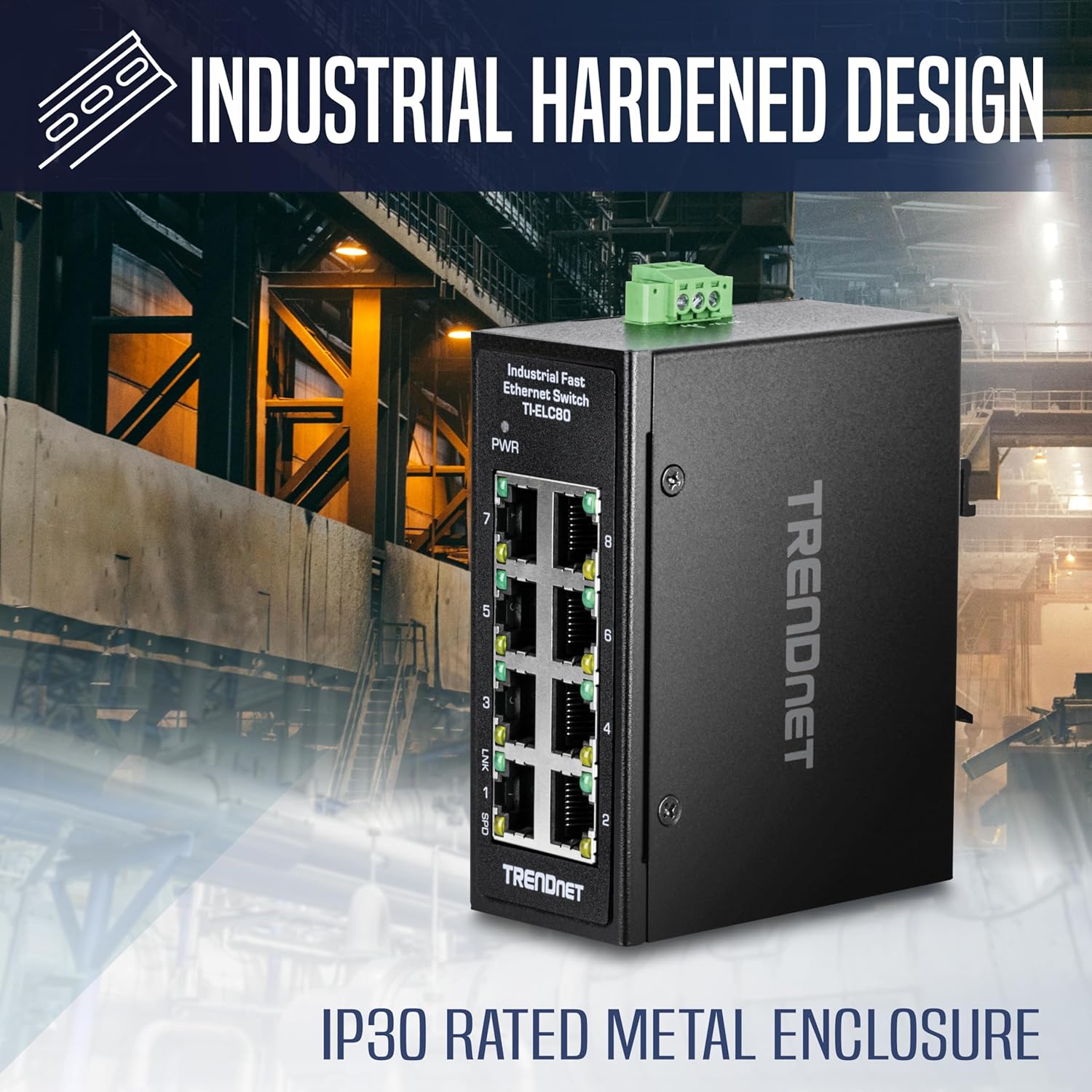 TRENDnet 8-Port Industrial Fast Ethernet DIN-Rail Mini Switch, TI-ELC80, 8 x 10/100Mbps Ports, IP30 Rated Housing, 1Gbps Switching Capacity, Black