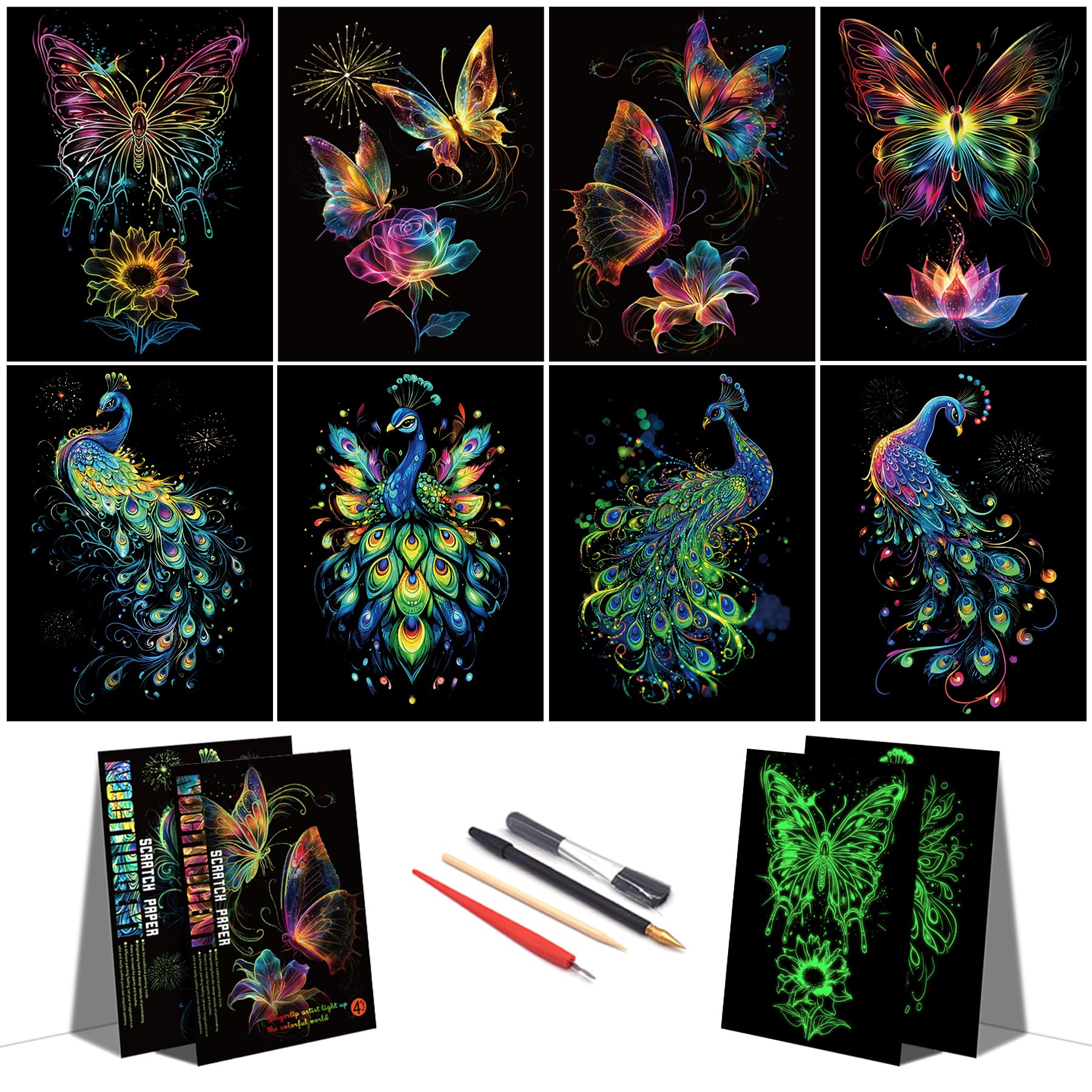 Scratch Paper Art for Adults-Glow in The Dark Scratch Painting Craft Kit (8 Sheets A4)|Foil Engraving Art Set|Stress Relief Gift for Craft Lovers|