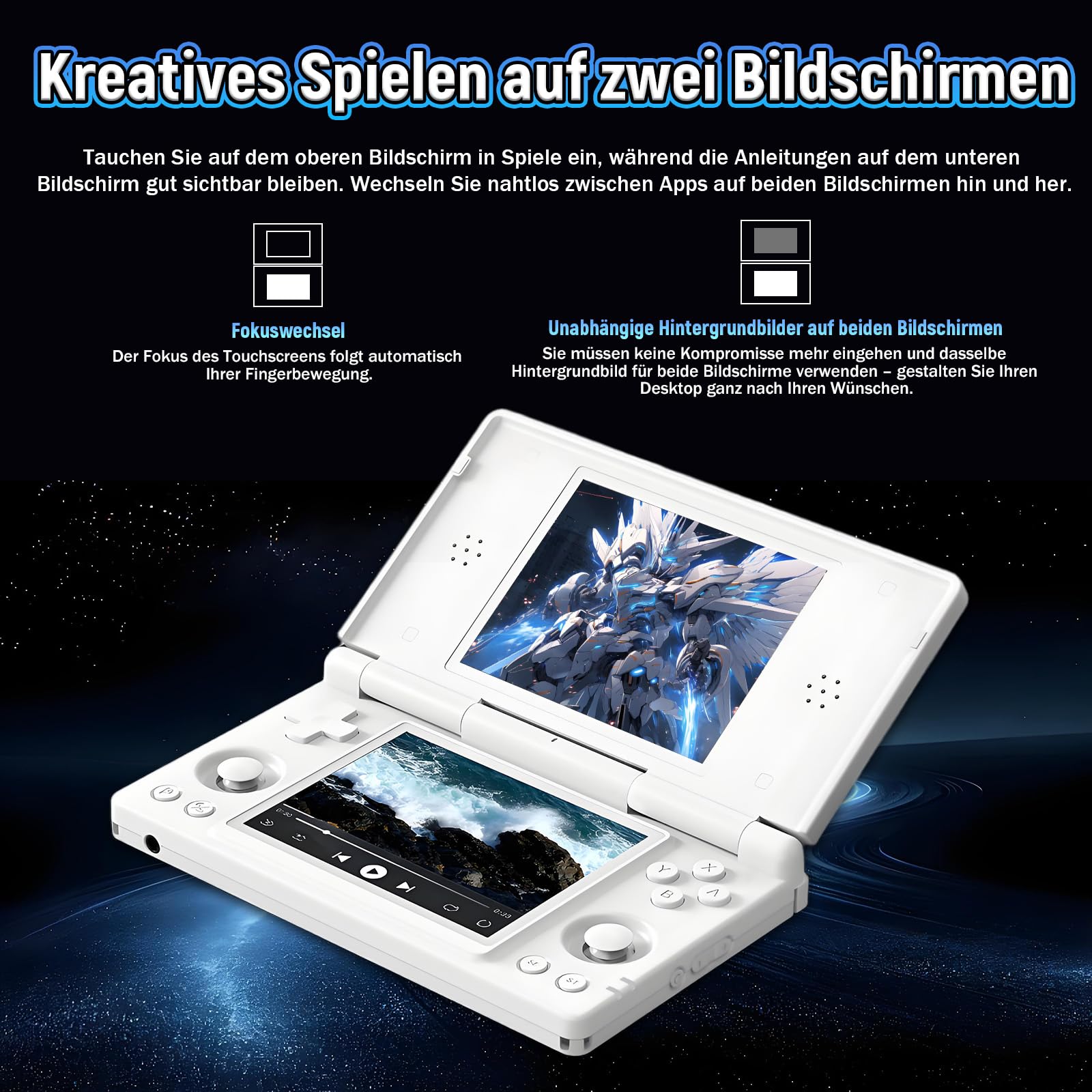RG DS Retro Handheld Spielkonsole mit Kapazitivem Stylus,4-Zoll-Multitouch Zwei Unabhängigen Bildschirmen Retro Konsole,2,4+5G WiFi & BT 4.2,4000mAh,Unterstützt Split-Screen-Modus (Polarweiß)
