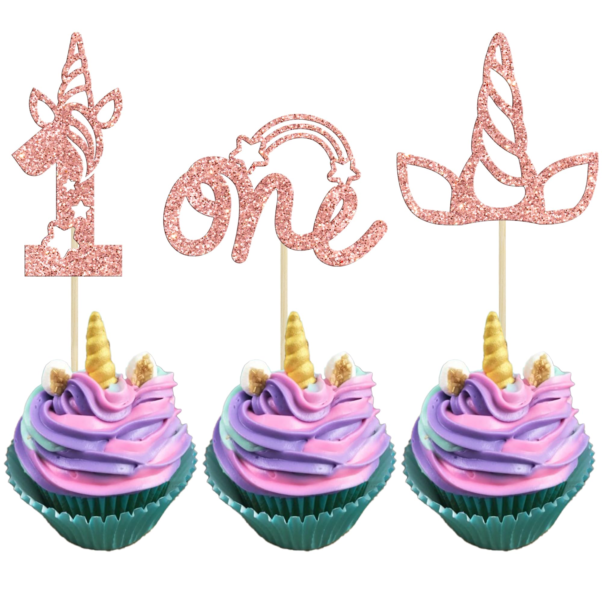 Gyufise 24pcs One Cupcake Toppers Glitter Unicn 1st Birthday Cupcake Picks Rainbow Cake Decorations for Baby Shower Boys Girls 1st Birthday Party Cake Decorations Supplies Rose Gold