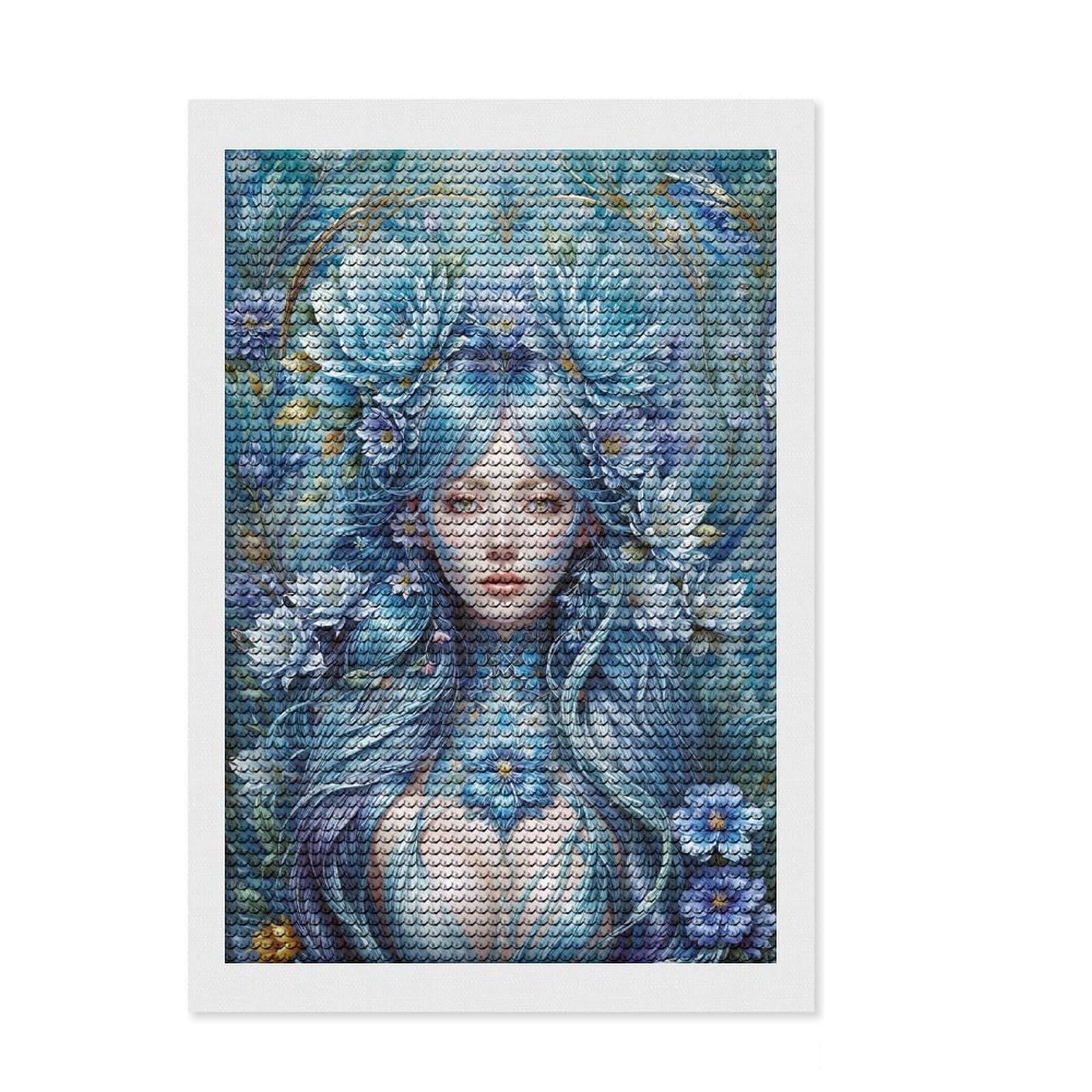 Junmoney A Portrait of Girl Floral Diamond Art Canvas 8"x12", Satisfying Creative Project, Sparkling Round Gems, Stress Relief Craft, Office Decor