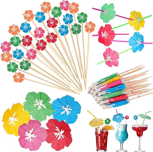 Juego de 300 popotes de paraguas con sombrillas para bebidas, palillos de dientes elegantes para aperitivos, incluye 100 pajitas tropicales, 100