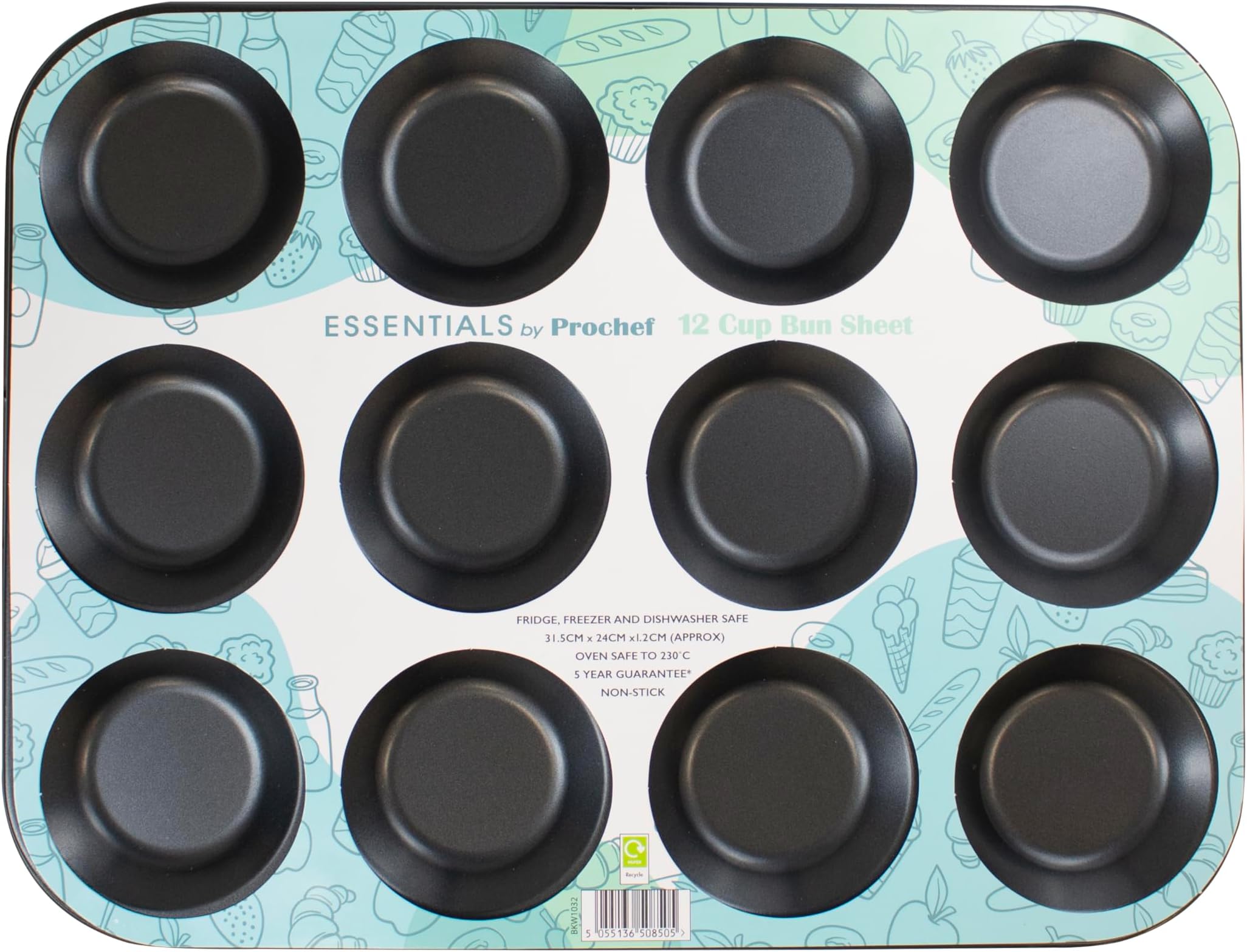 Everyday Baking KB1038 Non-Stick Premium Coated 12 Cup Bunsheet Tray - 31.5cmx24cmx1.2cm , Black