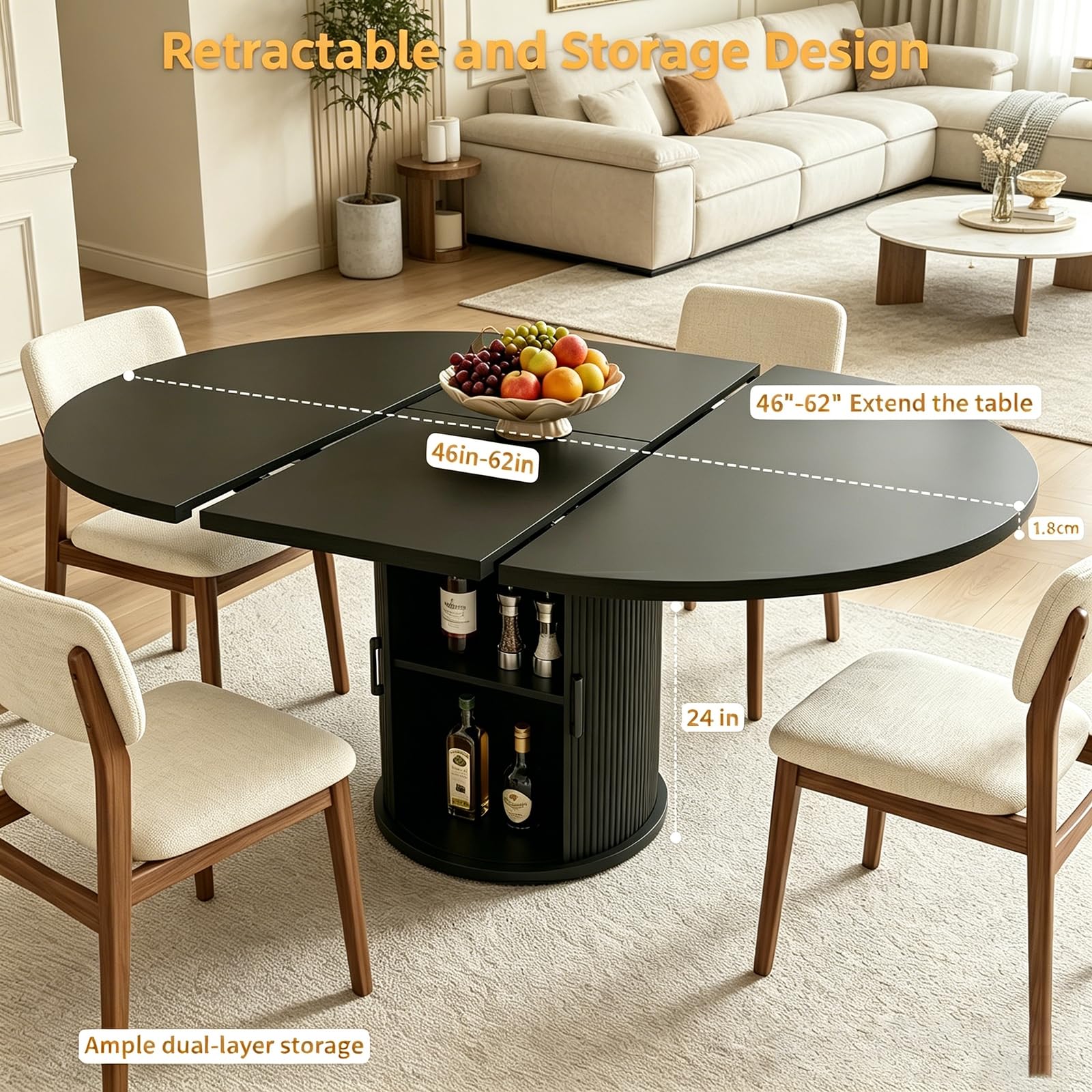 Runder Esstisch 118cm für 4-6 Personen, geriffelter Sockel, Küchen- & Esszimmertisch, platzsparend für kleine Räume, Schwarz