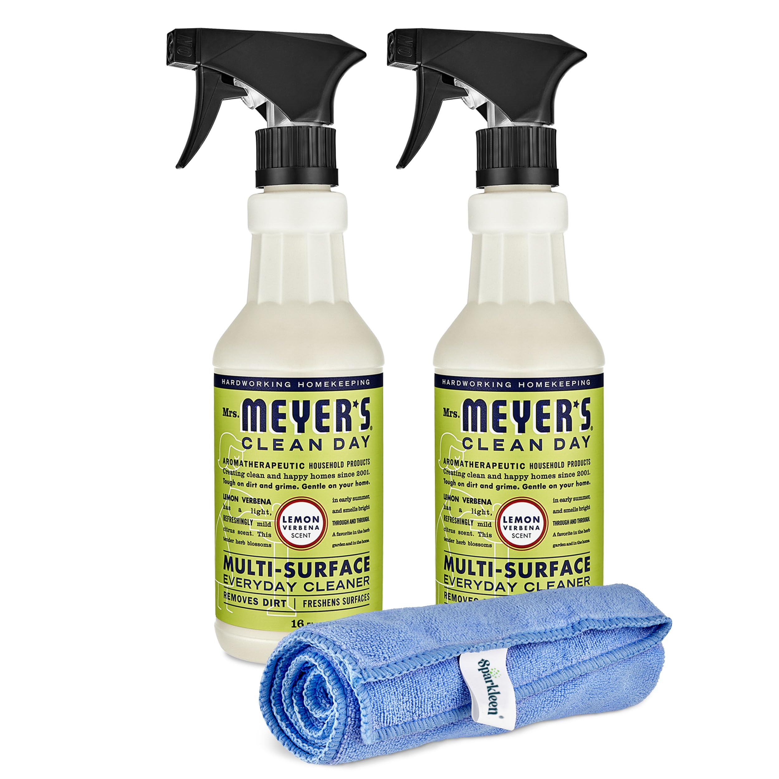 Mrs. Meyers Multi-Surface All Purpose Cleaner Set, Multi-Purpose Cleaner 2 Pack 16 oz. Lemon Verbena Spray and Cloth Set Bundle for Bathroom, Living Room or Bedroom,