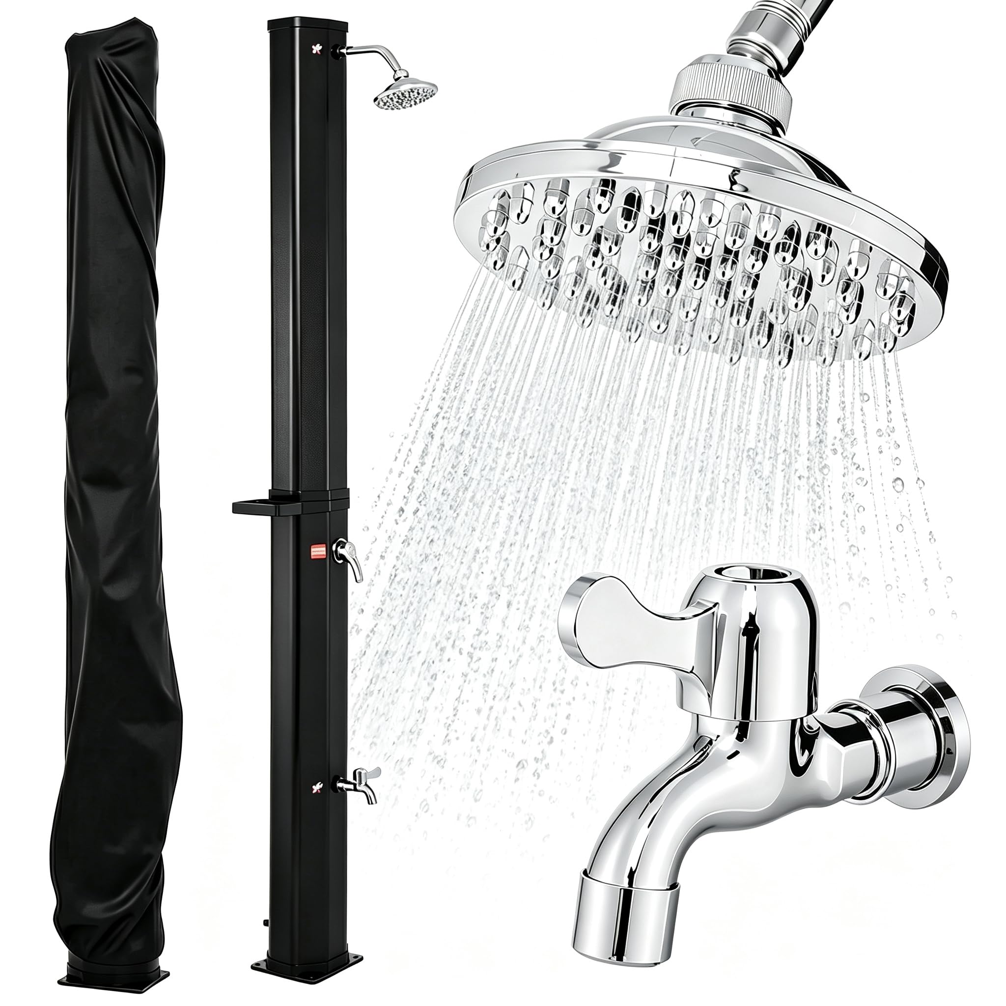 HOMASIS Doccia Solare da Giardino, 60L, 60°C, con Soffione Girevole, Rubinetto Lavapiedi, Miscelatore Acqua Calda e Fredda, Portasapone e Coperta Protettiva, per Esterno, Campeggio e Piscina (Nero)