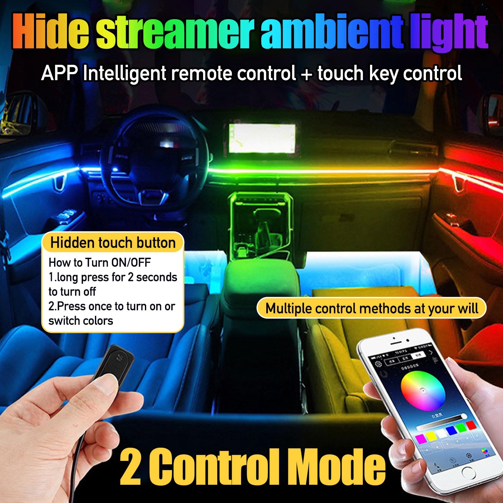 Éclairage intérieur LED de voiture - Bande d'éclairage d'ambiance en acrylique avec 593 LED en fibre optique - Kit d'éclairage d'ambiance - 16 millions de couleurs - Fonction active au son - Lumière