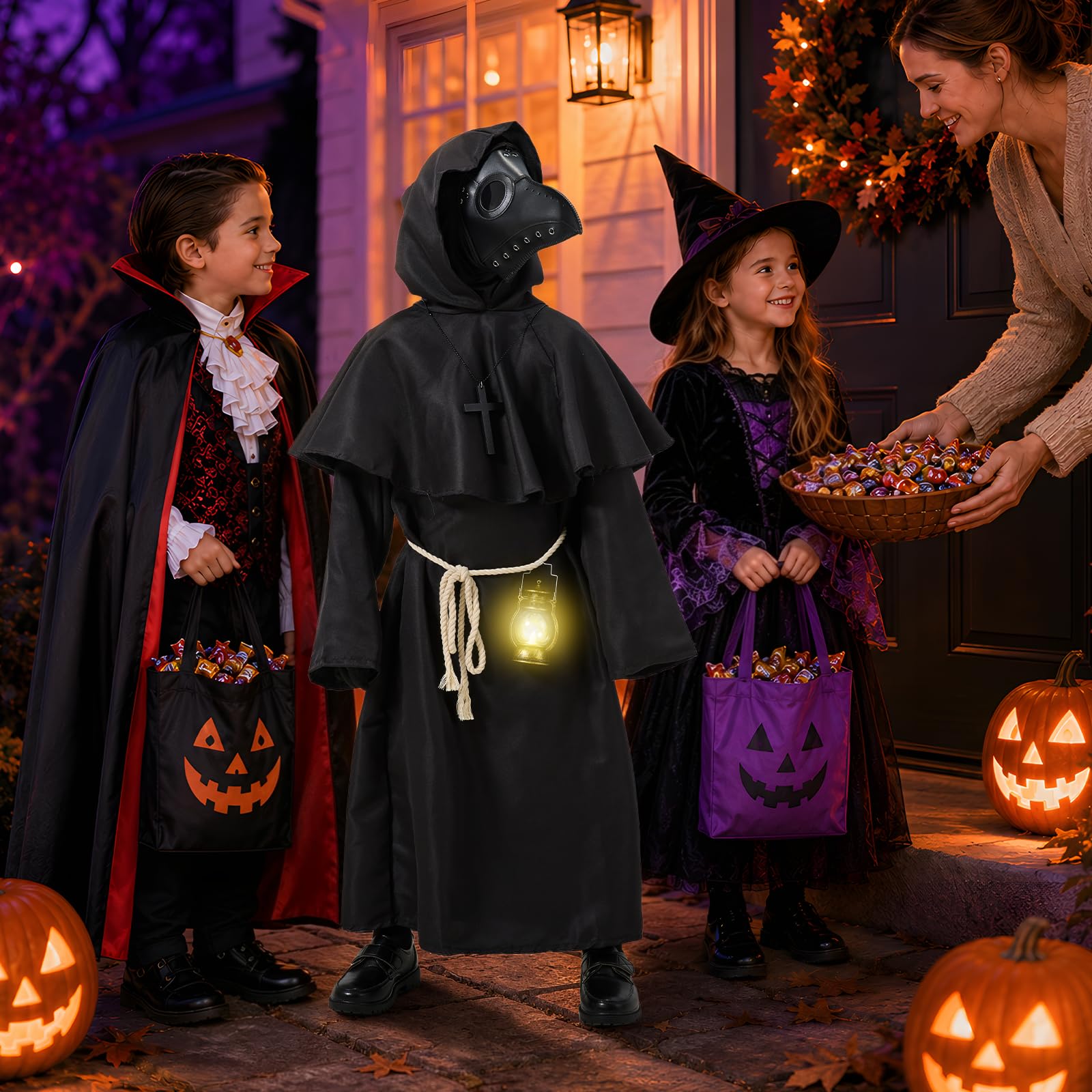 Costume di Halloween per bambini e ragazzi, costume medievale da medico della peste, con maschera in pelle, cappello, paio di guanti, collana in legno, bastone da passeggio