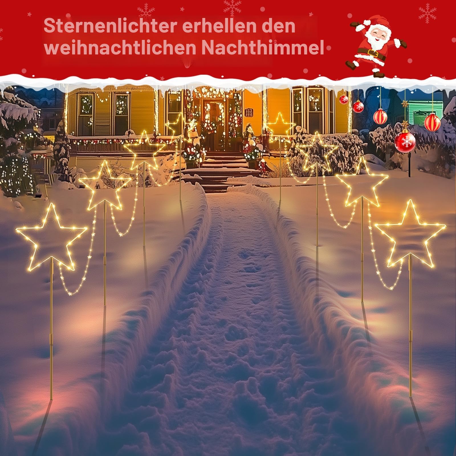 Quntis 4Pack Gartenstecker Stern IP65 Wasserdicht | Weihnachtsbeleuchtung 8 Modi und Timer Funktion Lichterkette für Außen