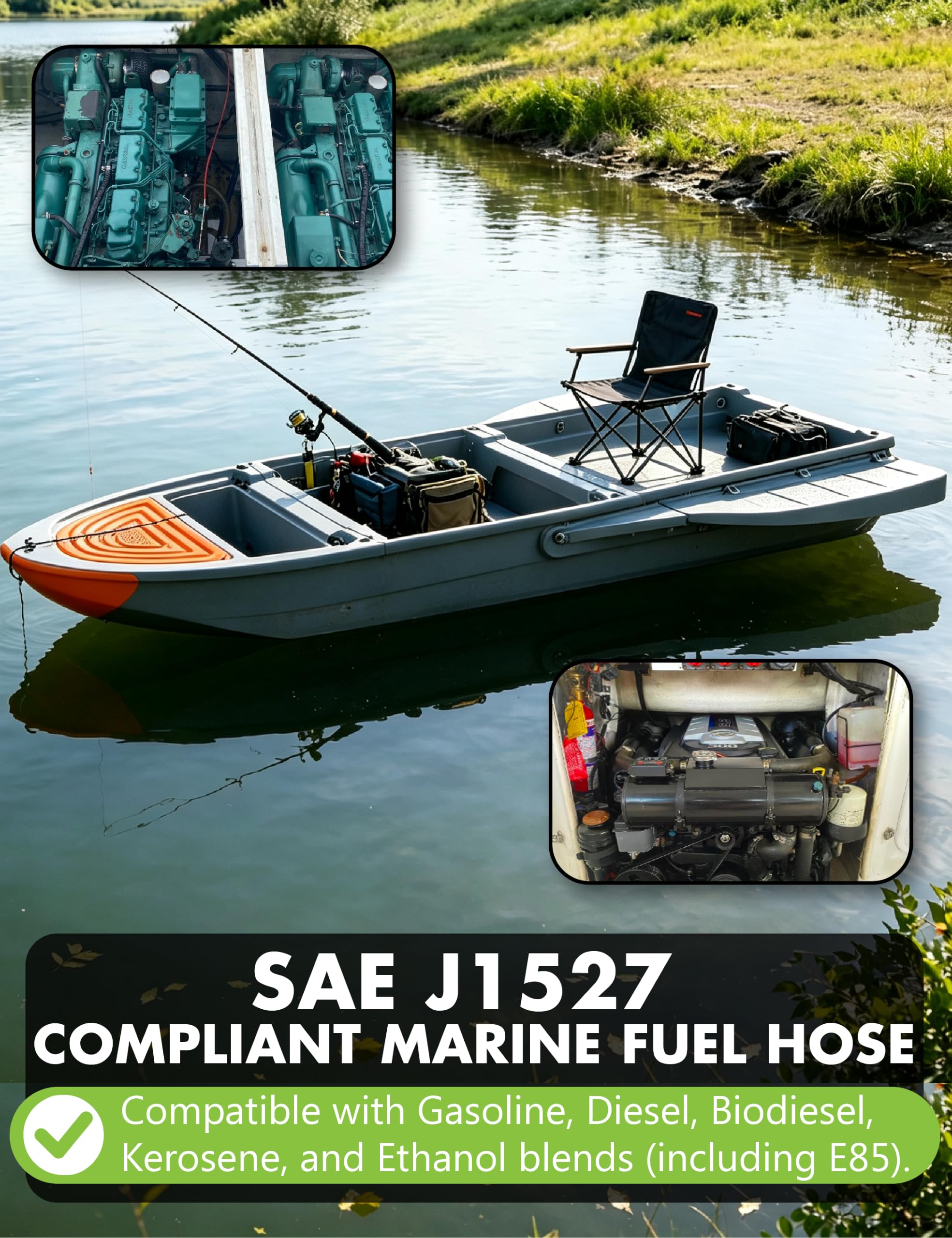 Tubo flessibile per carburante marino da 3/8" - 3 m SAE J1527 tipo A1-15 | Tubo flessibile per carburante marino resistente al fuoco. Funziona con gas, diesel e E85. Kit da 3 m con 10 morsetti. Per