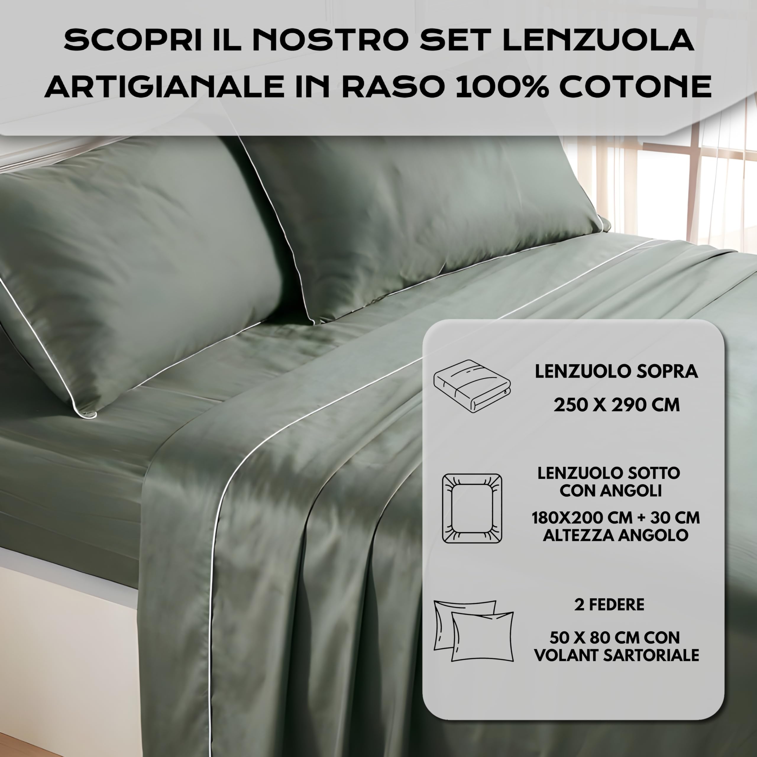 Mahome Juego de sábanas para cama de matrimonio de satén de algodón 100% de 300 hilos (TC) artesanal de lujo – Sábana bajera ajustable 180 x 200 x 30 cm, sábana encimera 250 x 290 cm, 2 fundas de
