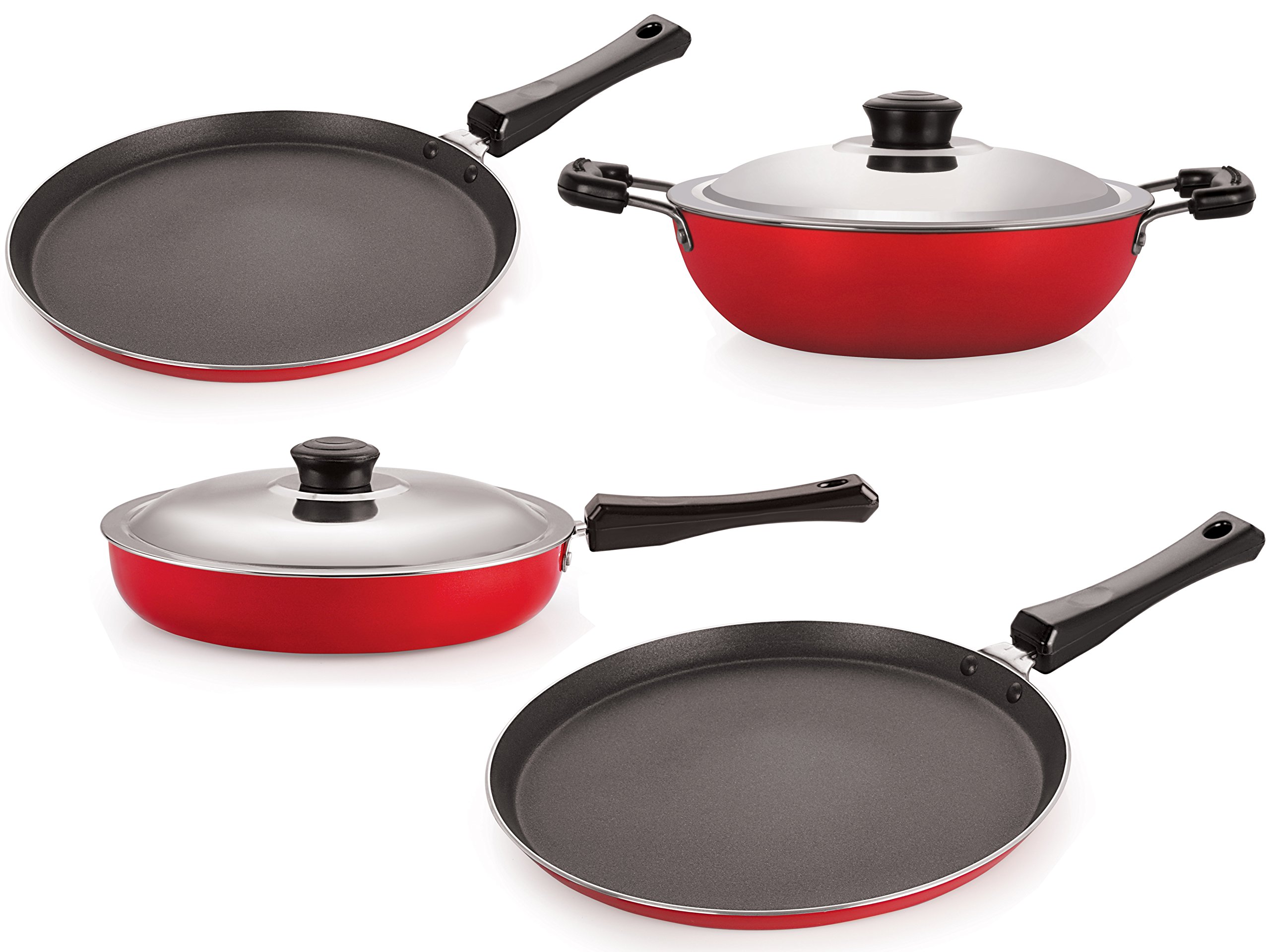 Nirlon Non-Stick Kitchenware Kitchen Cooking Utencil Combo Set Offer, (FT13_FP13_DKDM_FT10),Red & Black Color