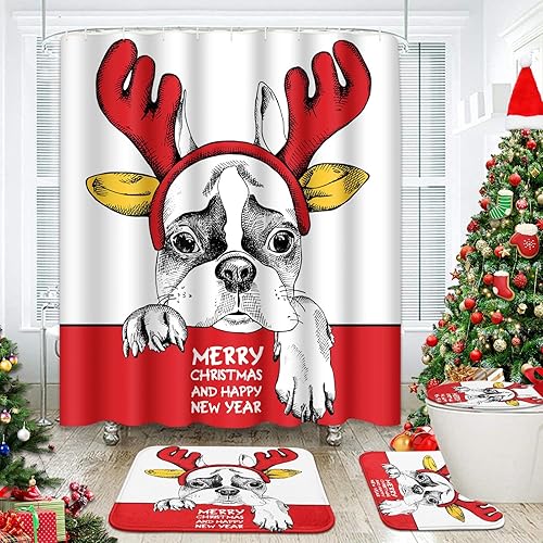 Juegos de baño de bulldog francés de Navidad con cortina de ducha y alfombras y accesorios, juegos de cortinas de ducha de otoño con cuernos de Papá