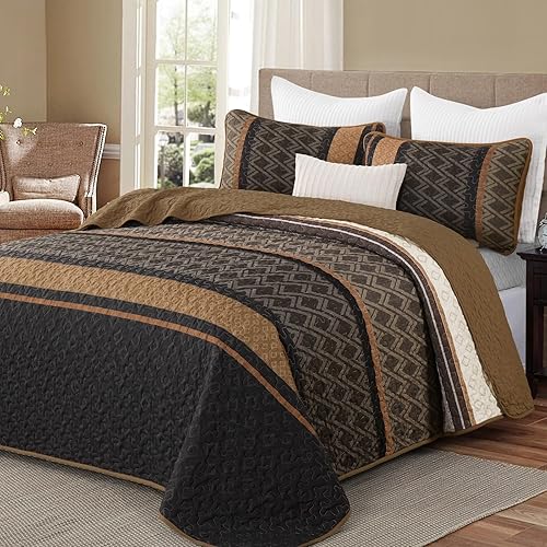 Dinjoy King Size Quilt Set Boho, Soft 3 Pieces Striped Bedspreads Quilts Brown Bedding Sets Boho Lightweight Quilted Coverlets Set Fall Bed for All Seasons 110"x90"