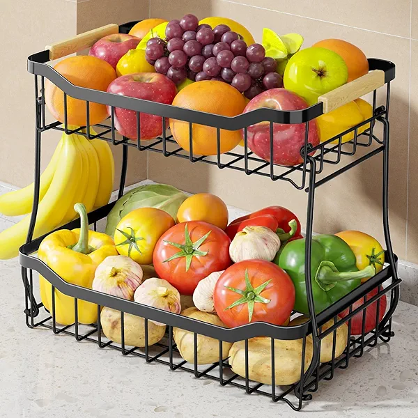 Sakugi Fruit Basket for Kitchen Counter - 2 Tier Detachable Fruit Vegetable Basket with Banana Hanger, Metal Countertop Fruit Stand with Wooden Handle, Black, ,7.3" D x 11.2" W x 10.3" H