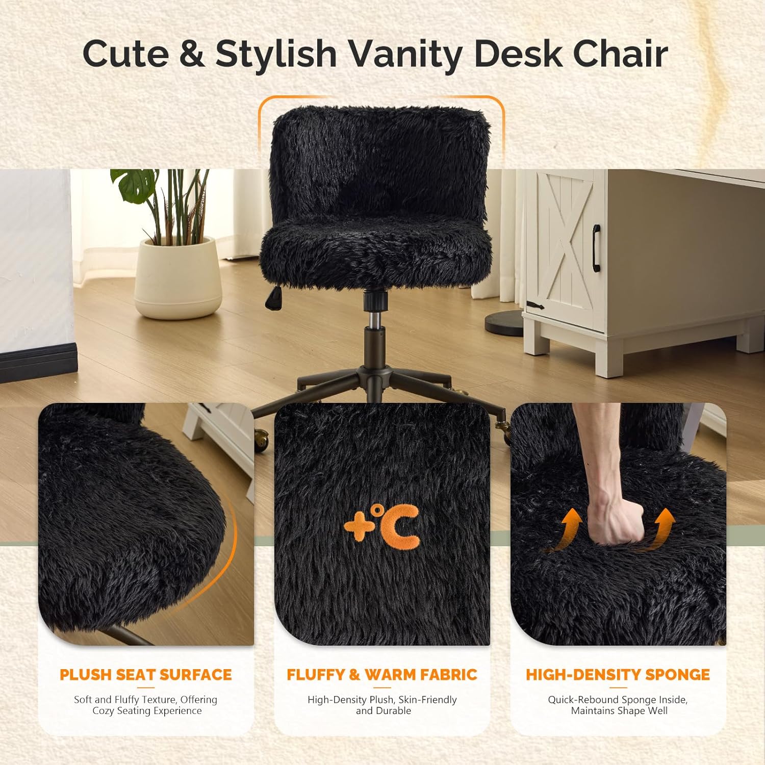 VINGLI Plush Upholstery Vanity Desk Chair with Curved Back & 90-102° Tilt & Adjustable Height, Cute Rolling Chair with Bronze Base & Golden-Bronze 360° Swivel Wheels for Makeup & Home Office, Black